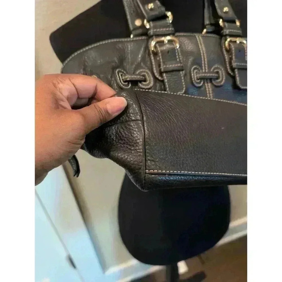 Dooney And Bourke Black Leather Handbag Gold Hardware Double Handle White Stitch - Picture 6 of 7